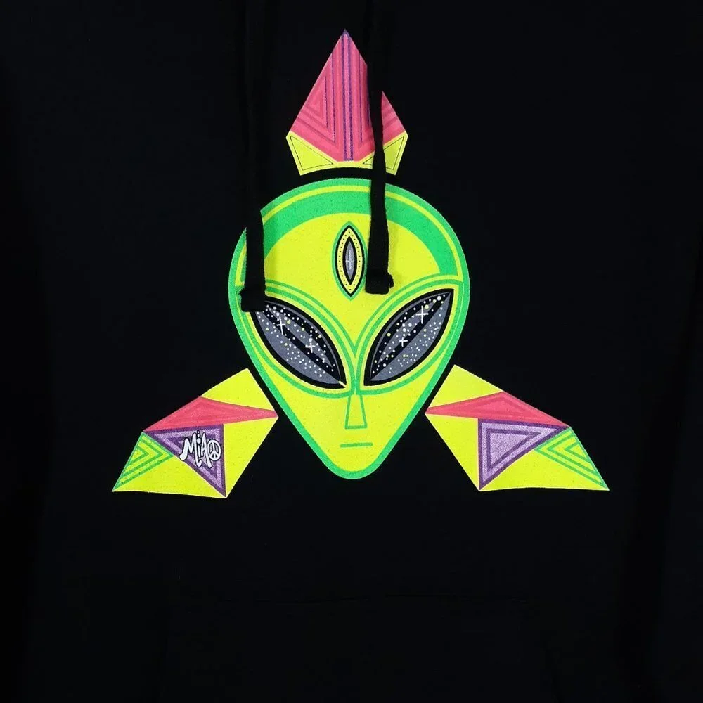 Independent Alien Hoodie M Black Neon Yellow Green 633A - Picture 2 of 5